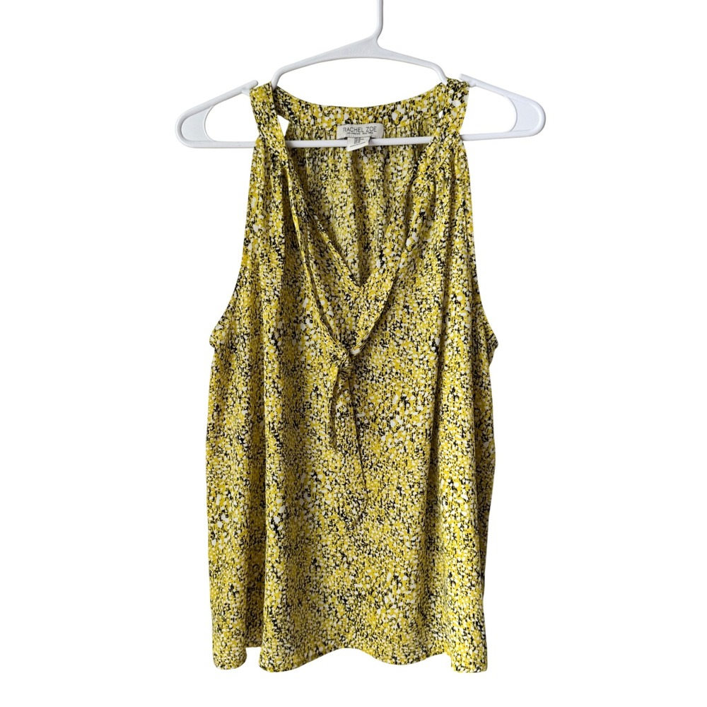 Rachel Zoe Yellow Black Abstract Speckled V-Neck Knot Front Sleeveless Blouse M